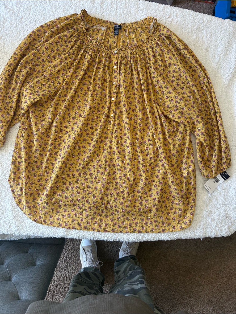 Chaps Yellow Floral Smocked Top